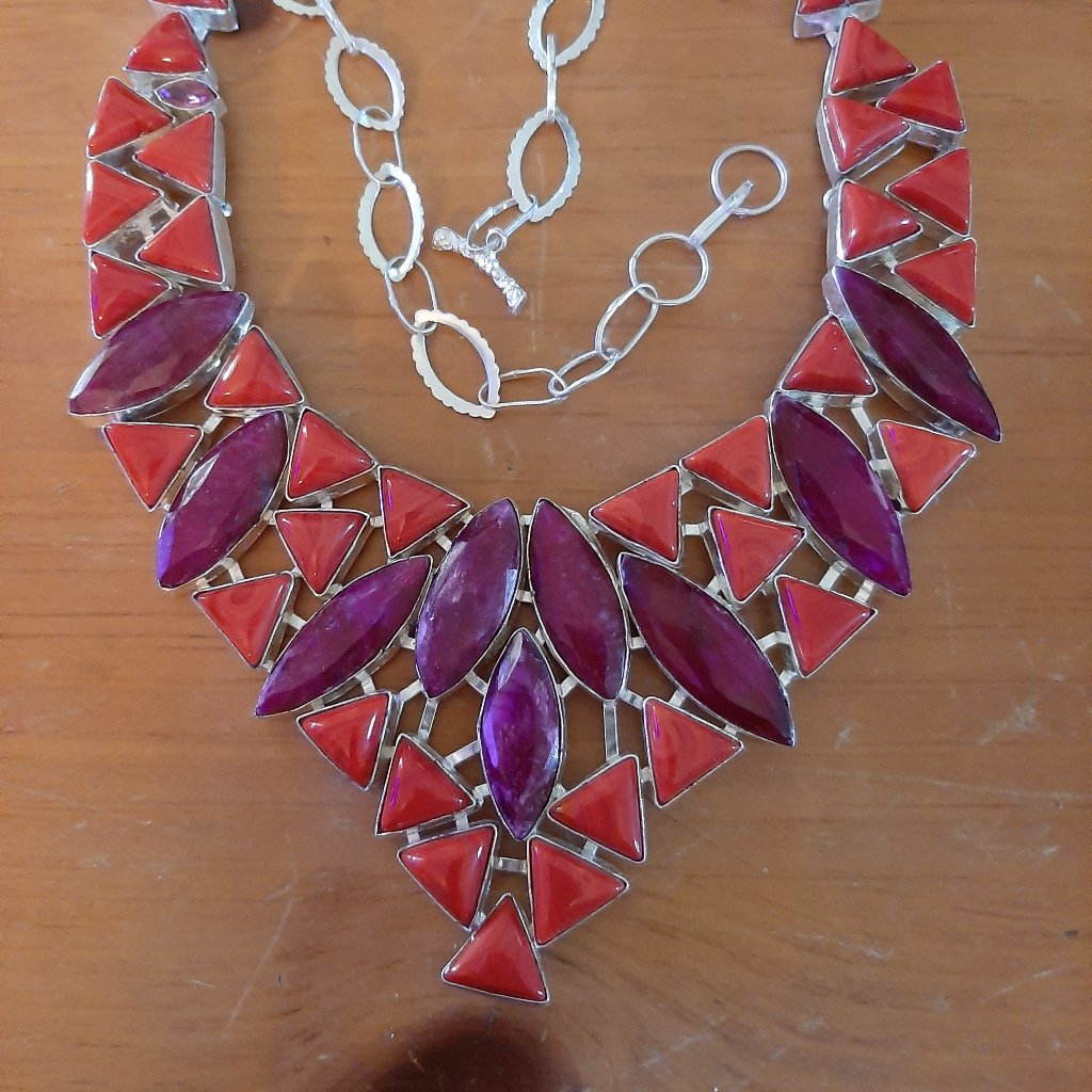 Artisan Handcrafted Red And Purple Statement Bib Sterling Silver Necklace